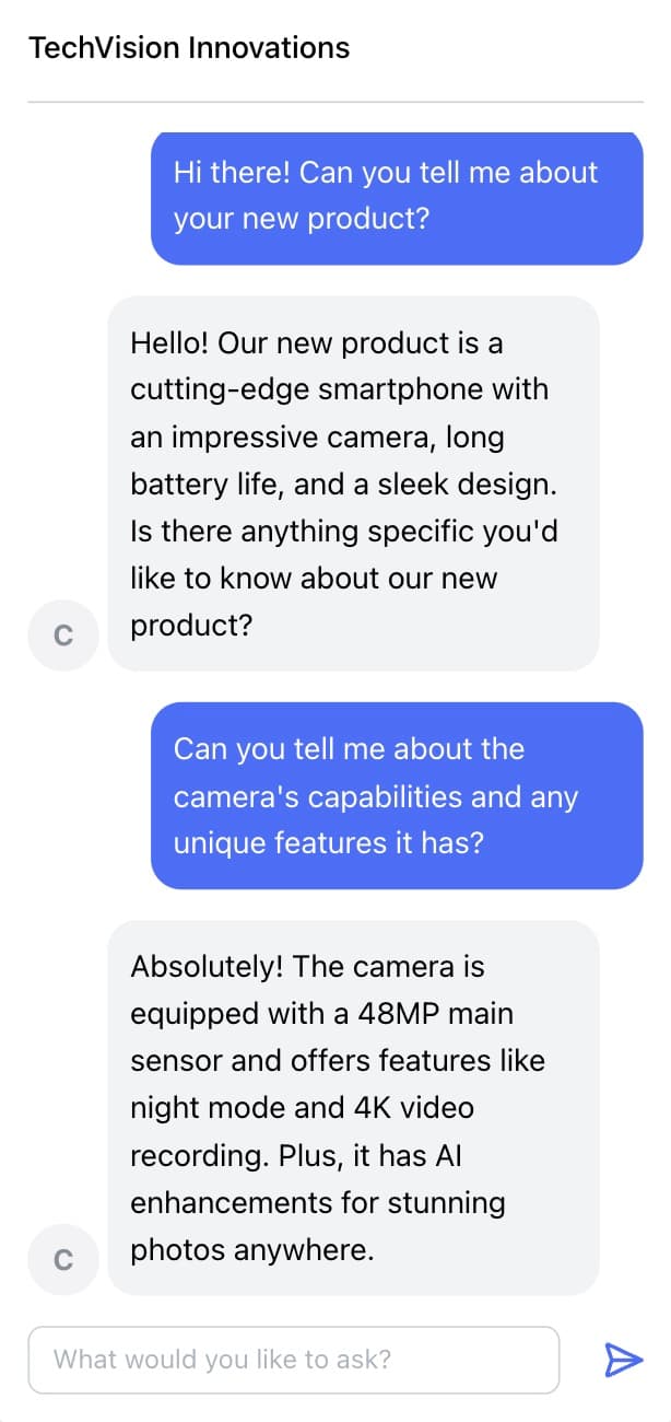 Chatzap widget showing a conversation going on between TechVision Innovations and their customer